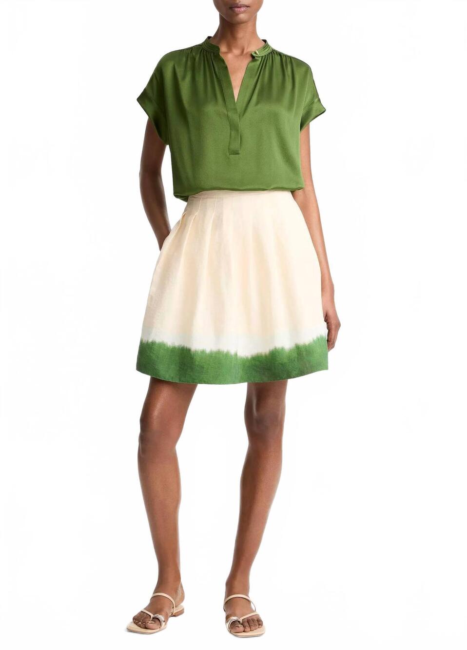 NEW VINCE dip-dye pleated skirt in porcelain/herba